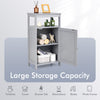 Gray bathroom wooden floor cabinet with adjustable shelves and large storage capacity for toiletries and towels.