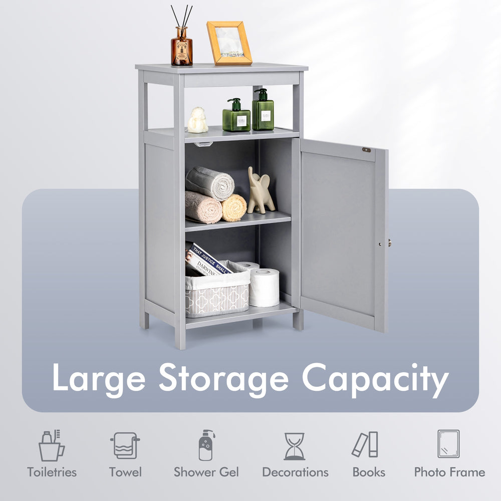 Gray bathroom wooden floor cabinet with adjustable shelves and large storage capacity for toiletries and towels.
