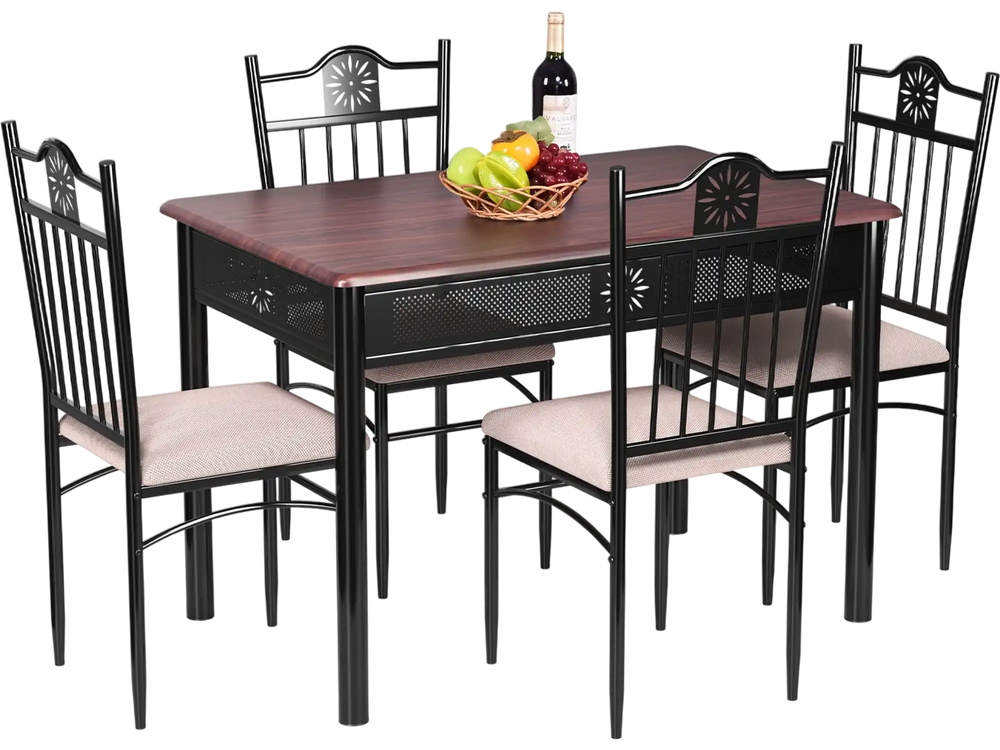 5-piece dining set featuring a wood and metal table with four cushioned chairs, perfect for family meals and elegant.