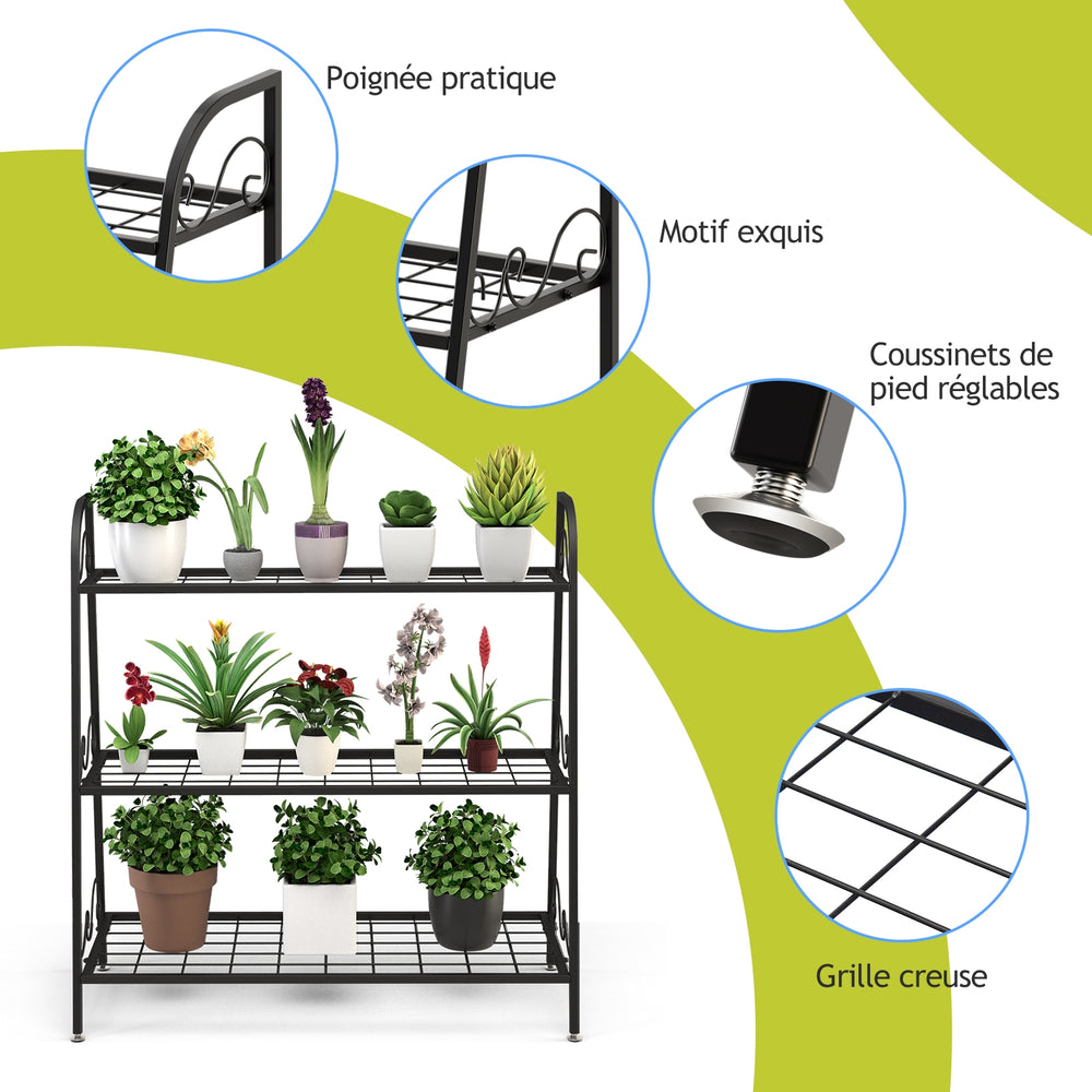 3-tier metal plant stand shelf with adjustable footpads, sturdy steel frame, ideal for indoor and outdoor use.
