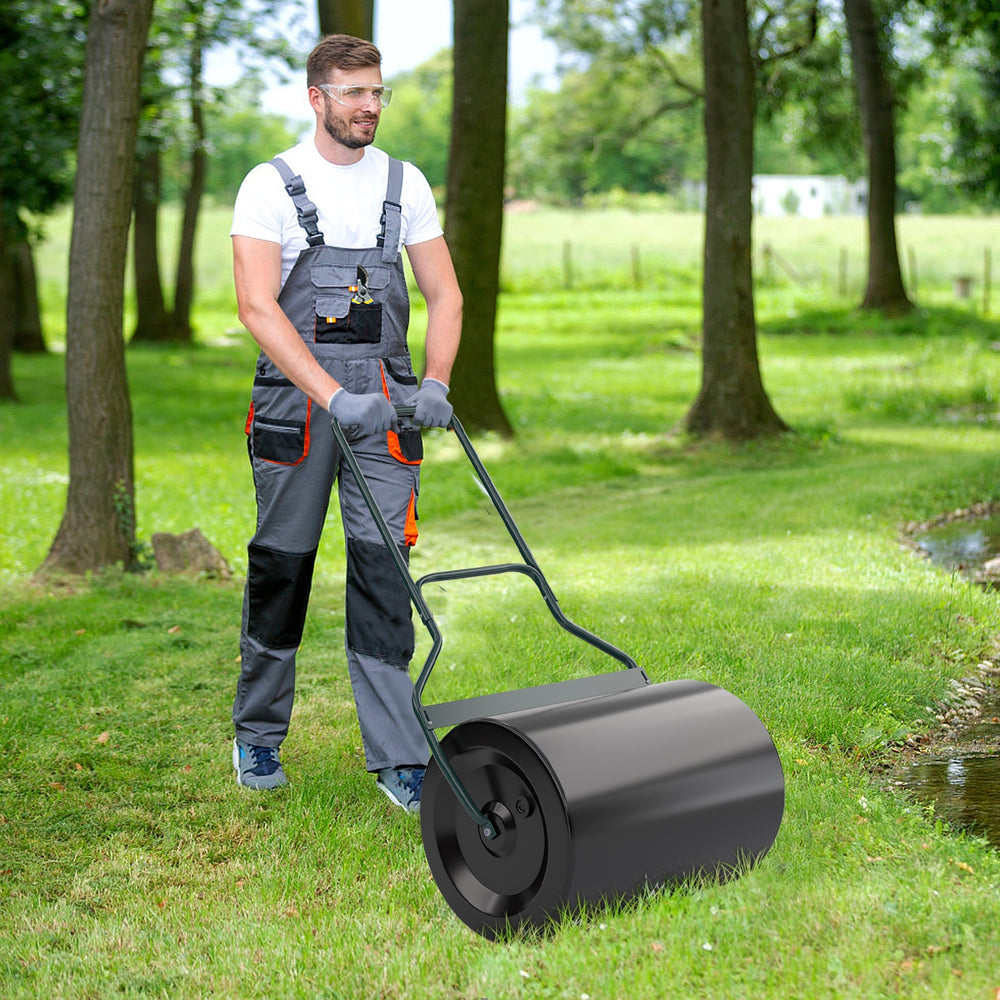 Lawn roller with U-shaped handle, 16-gal capacity, designed for flattening uneven ground in gardens and backyards.
