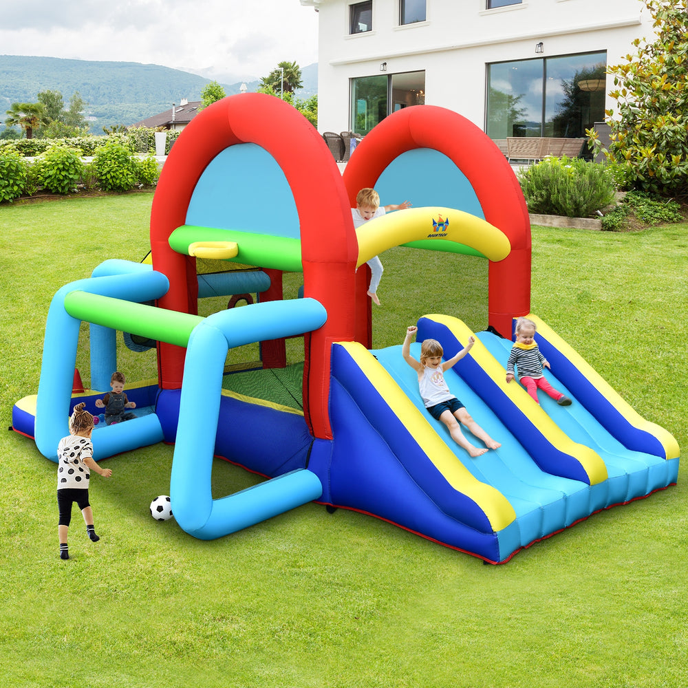 Inflatable jumping castle with dual slides, ball pit, and sports games for 3-4 kids, made of tear-resistant oxford.