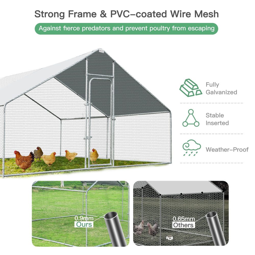 Close-up of the galvanized steel frame and PVC-coated wire mesh of the 13 x 13 feet walk-in chicken coop for outdoor.