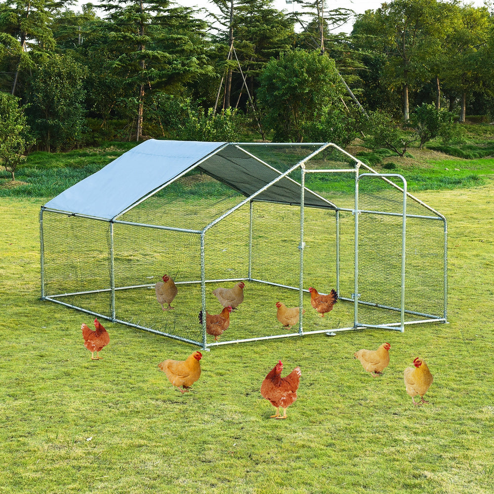 Large walk-in chicken coop with roof cover, featuring a galvanized frame and PVC coated mesh for outdoor safety.