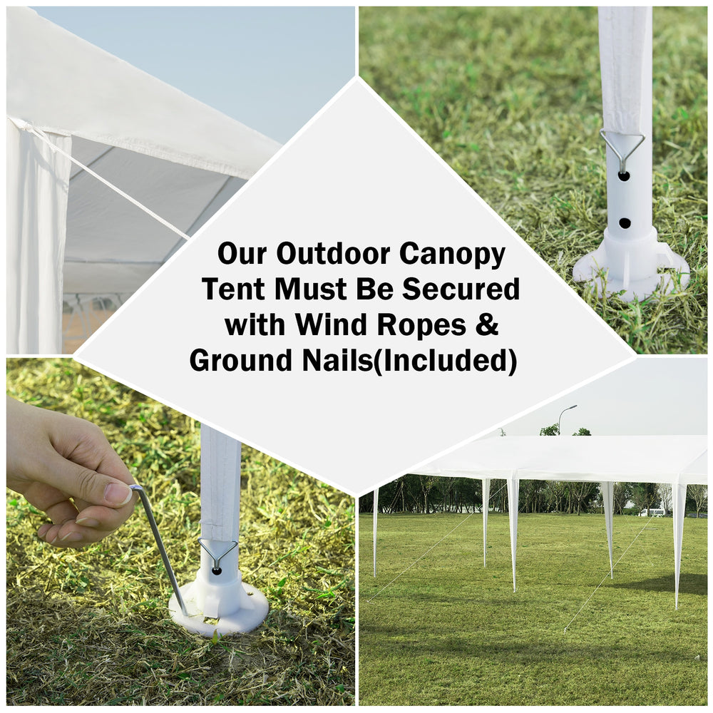 Outdoor canopy tent with wind ropes and ground nails, featuring a waterproof design for events like BBQs and weddings.