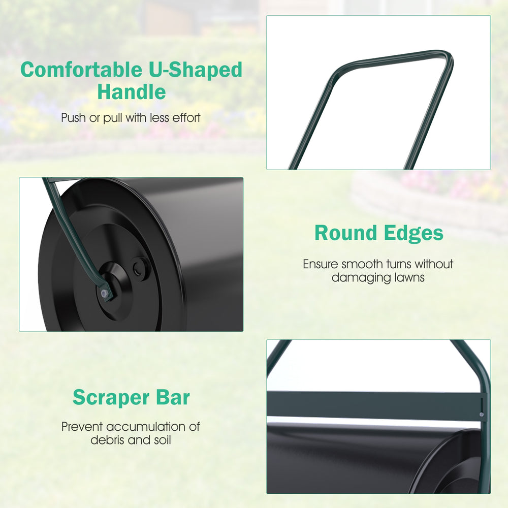 U-shaped handle of the lawn roller for easy use, featuring round edges and a scraper bar for effective lawn care.
