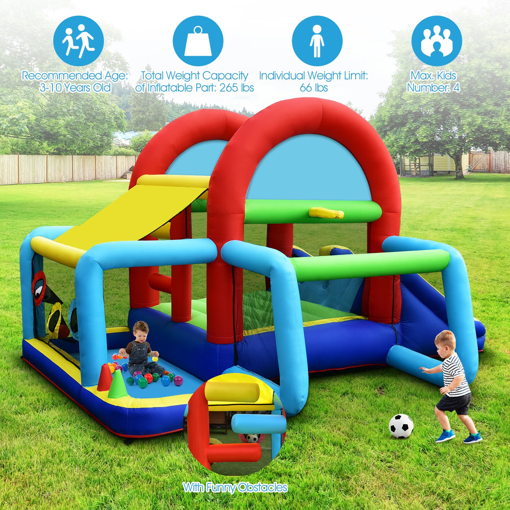 Inflatable jumping castle bounce house with dual slides, ball pit, and sports games for 3-4 kids, made of.