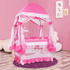 Pink portable baby playpen with high hanging mosquito net and diaper changing pad, designed for safe and cozy napping.