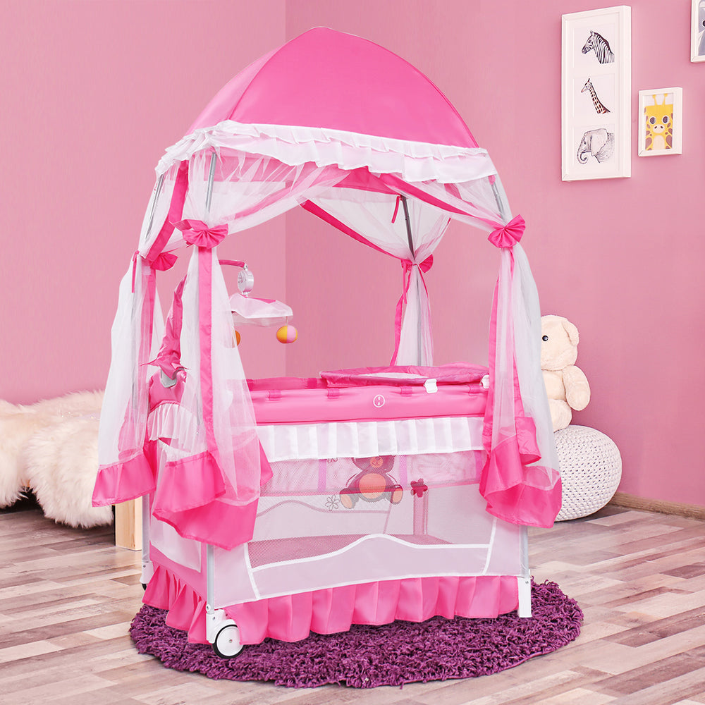 Pink portable baby playpen with high hanging mosquito net and diaper changing pad, designed for safe and cozy napping.