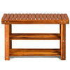Freestanding acacia wood bench with three-tier storage shelves, ideal for entryway or garden seating and organization.