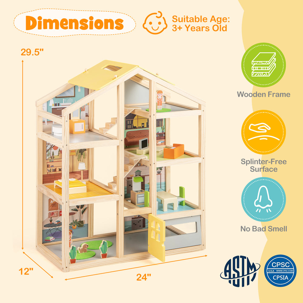 Wooden dollhouse with modern design, includes furniture and figures, ideal for kids' pretend play and development.