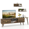 Mid-century modern TV stand in walnut with two flip-over cabinets, offering stylish storage and display for media.