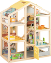 Wooden dollhouse with furniture and figures, featuring movable stairs and openable door for interactive play.