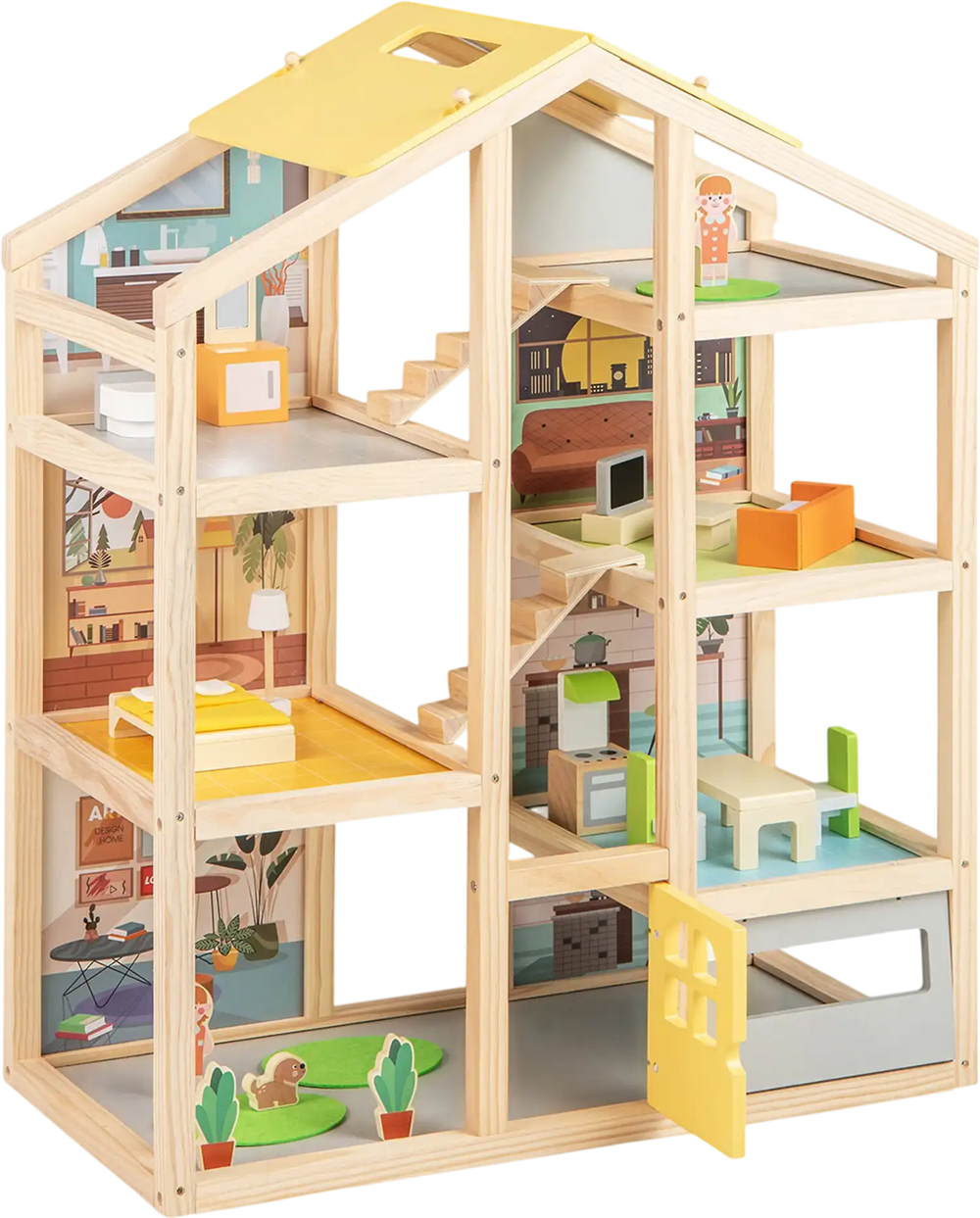 Wooden dollhouse with furniture and figures, featuring movable stairs and openable door for interactive play.