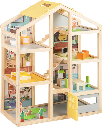Costway Wooden Dollhouse Kids Modern Family Playhouse w/ Furniture Figures 817234569 New