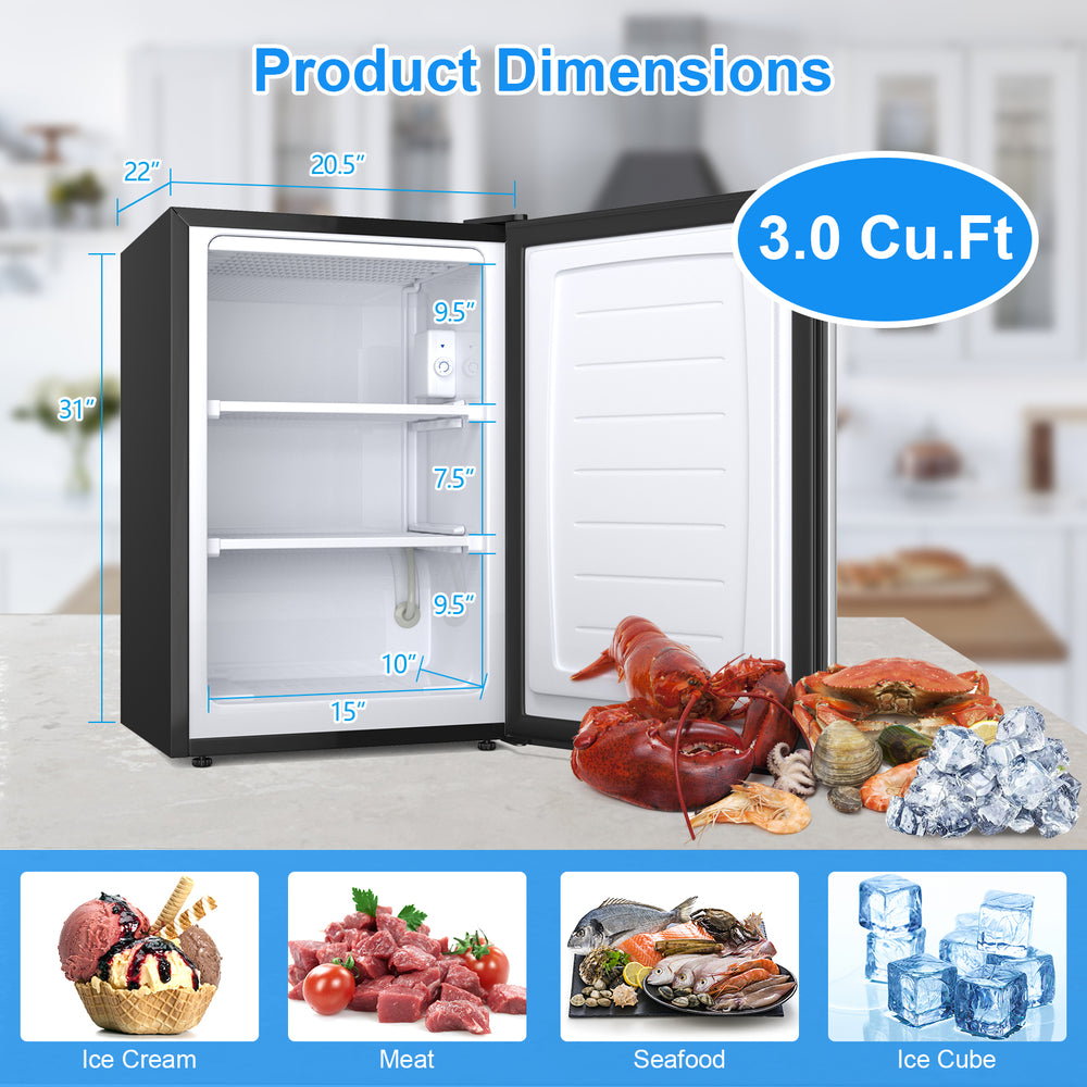 Compact 3.0 Cu.Ft upright freezer with stainless steel door, showcasing dimensions and storage options for efficient.