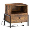 Rustic brown nightstand with charging station, drawer, and open compartment for versatile storage and convenient cable.
