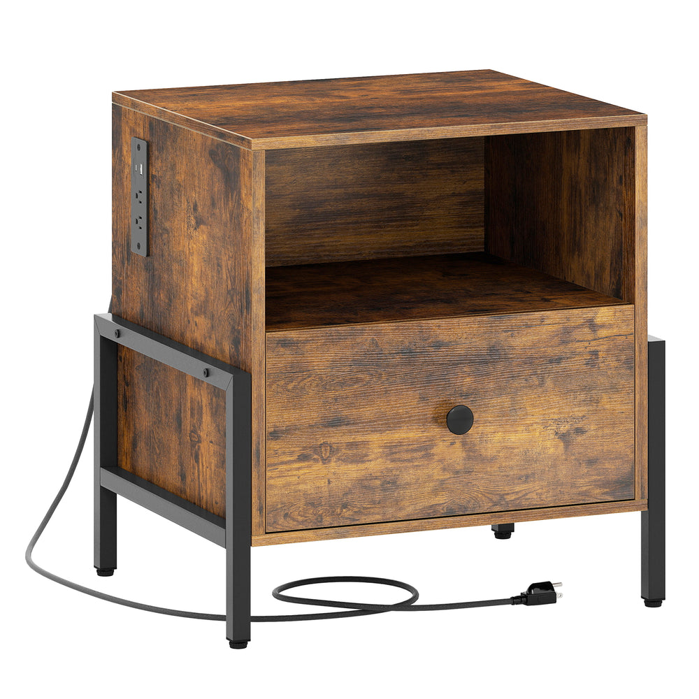 Rustic brown nightstand with charging station, drawer, and open compartment for versatile storage and convenient cable.
