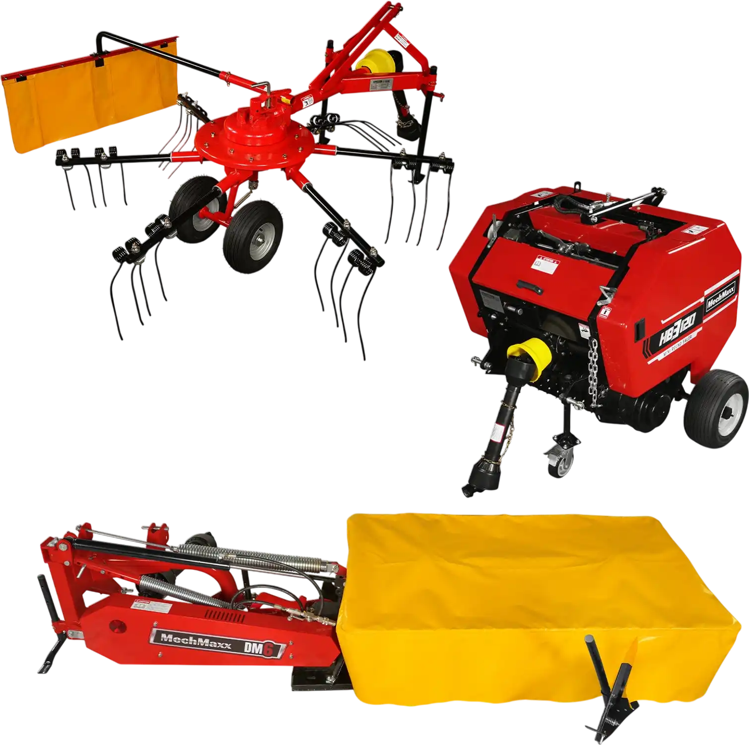MechMaxx HB3120, HT100, DM6 Hay Equipment Bundle Hay Baler Hay Rake Tedder Disc Mower New