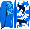 Lightweight bodyboard with EPS core and XPE deck, featuring blue shark designs, ideal for surfing and water sports.