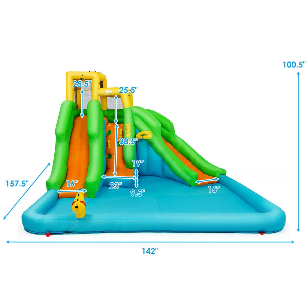 Inflatable water park with climbing wall, double slides, and splash pool, perfect for outdoor summer fun.