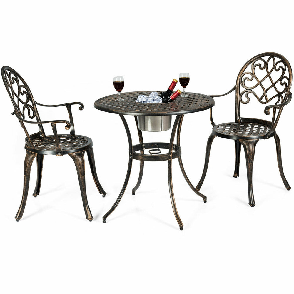 3-piece outdoor bistro set in antique bronze with removable ice bucket, perfect for garden or patio relaxation.