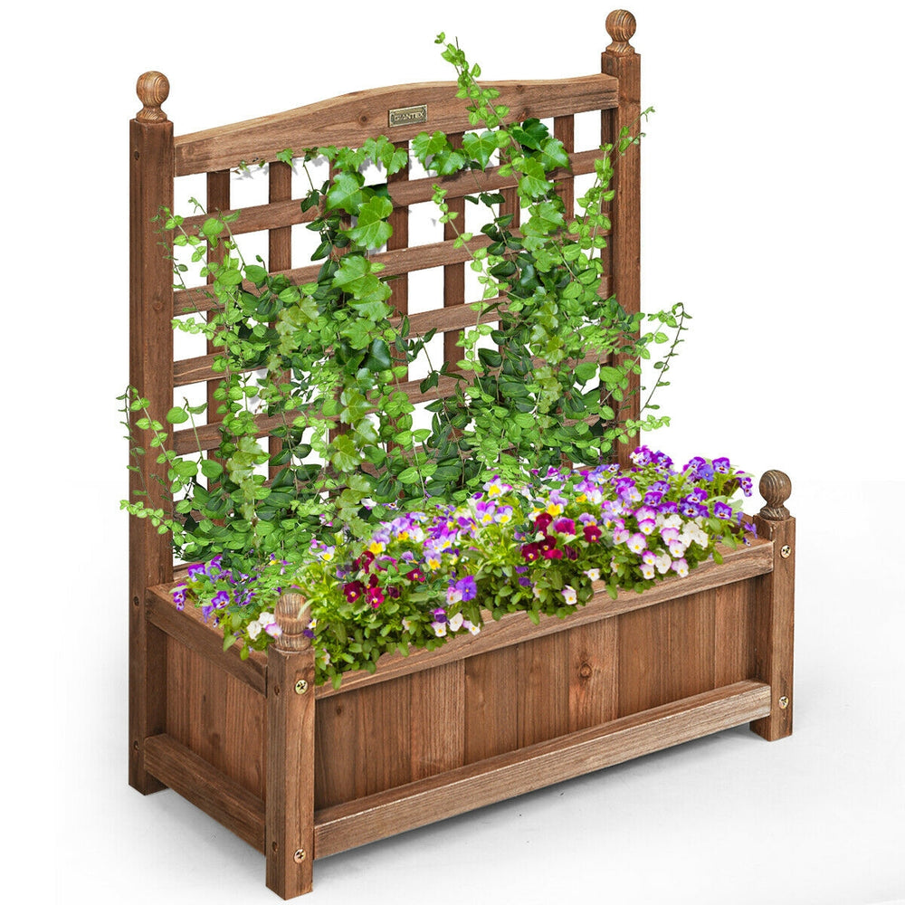 Wood planter box with trellis, made of solid wood, weather-resistant for outdoor use, ideal for gardens and balconies.
