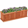 Wooden decorative planter box made of natural fir, filled with colorful flowers, ideal for garden or window display.