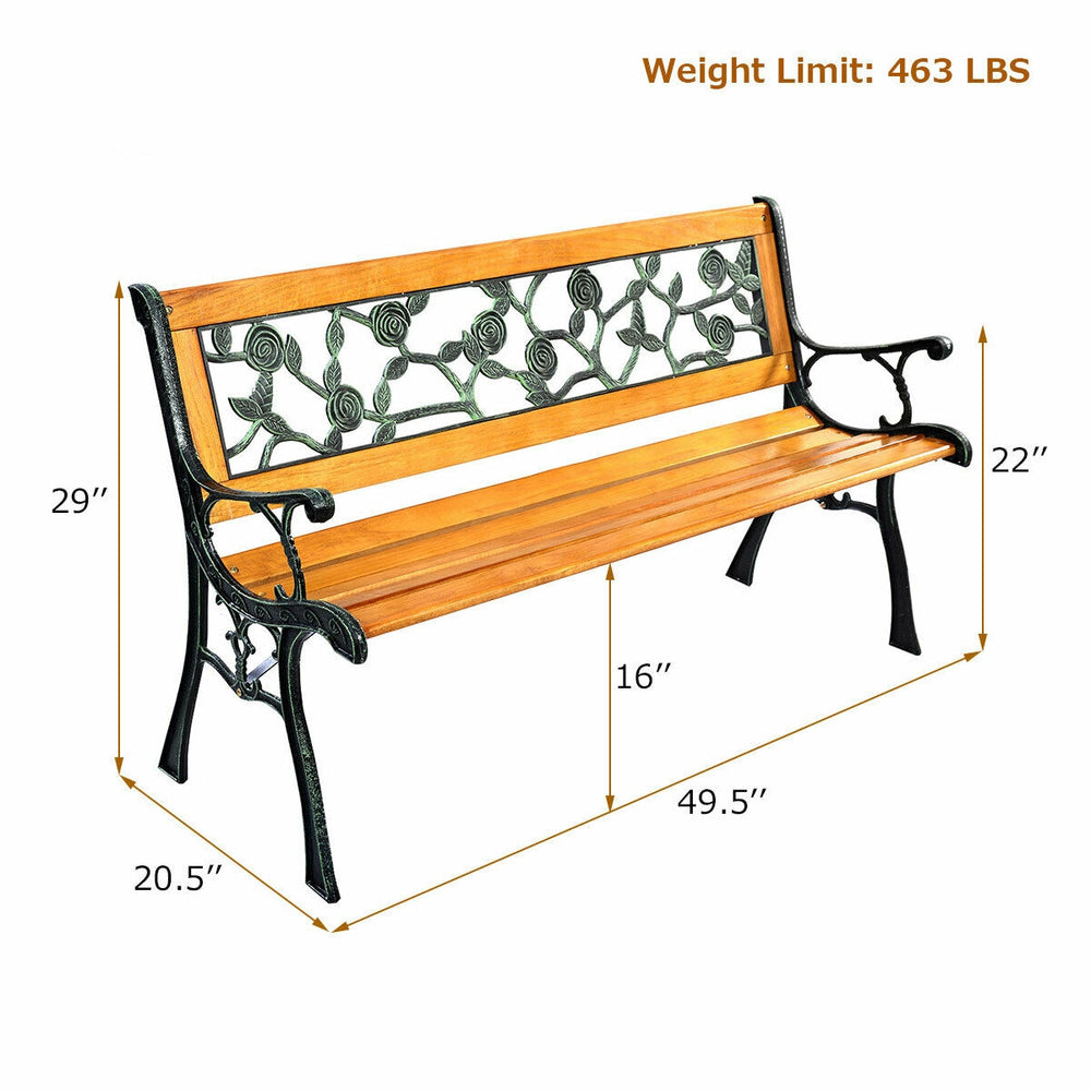 Patio park garden bench with solid wood seat, iron cast structure, and floral PVC backrest, supports up to 463 lbs.