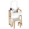 Vanity table set with cushioned stool, large mirror, and three drawers for organized cosmetic storage and elegant decor.