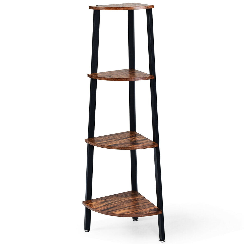 4-tier corner shelf with black metal frame and wood shelves, ideal for compact spaces like living rooms and studies.
