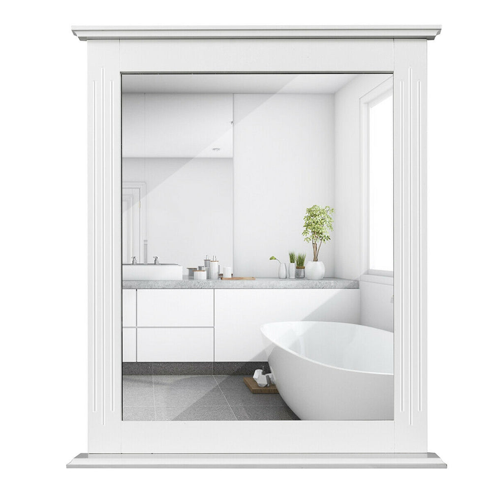 Wall-mounted white vanity mirror with shelf, high-quality MDF, elegant design, ideal for bathroom or living room use.
