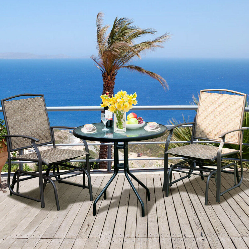 Two-piece patio glider chair set with breathable fabric and sturdy iron frame, perfect for outdoor relaxation.