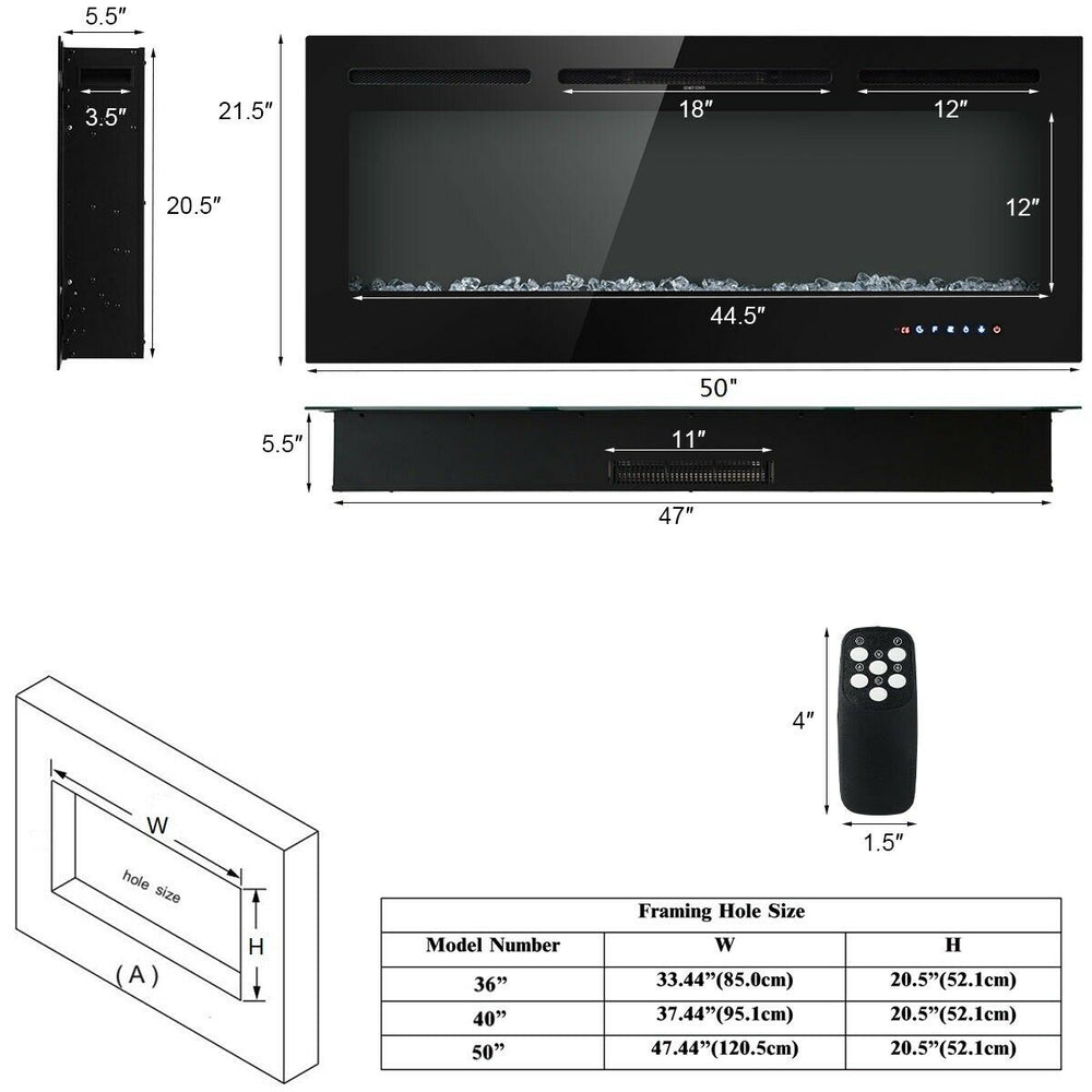 50-inch recessed electric fireplace with adjustable brightness, featuring 9 flame colors and remote control for easy.