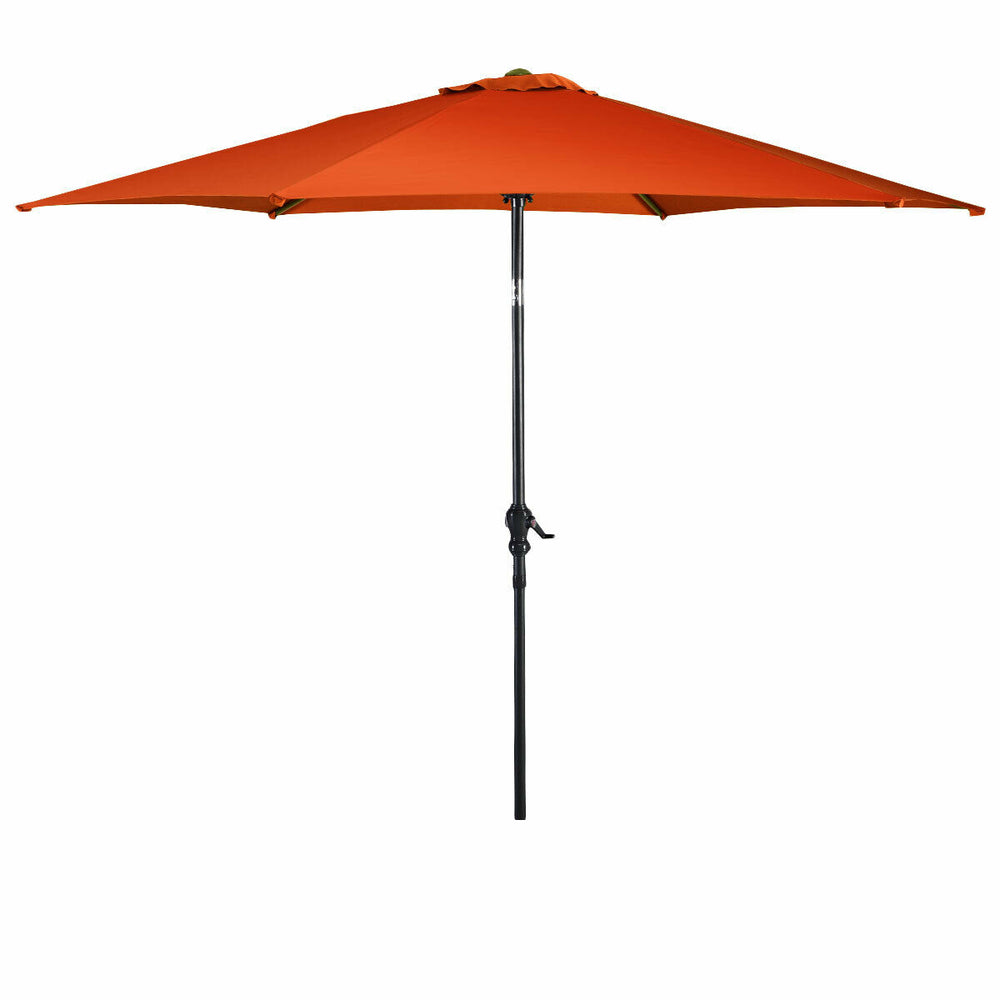9 ft orange patio umbrella with crank, featuring a sturdy steel pole and tilt operation for versatile outdoor use.