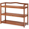 3-tier acacia wood shoe rack with removable shelves and side metal hooks for convenient shoe storage in any room.
