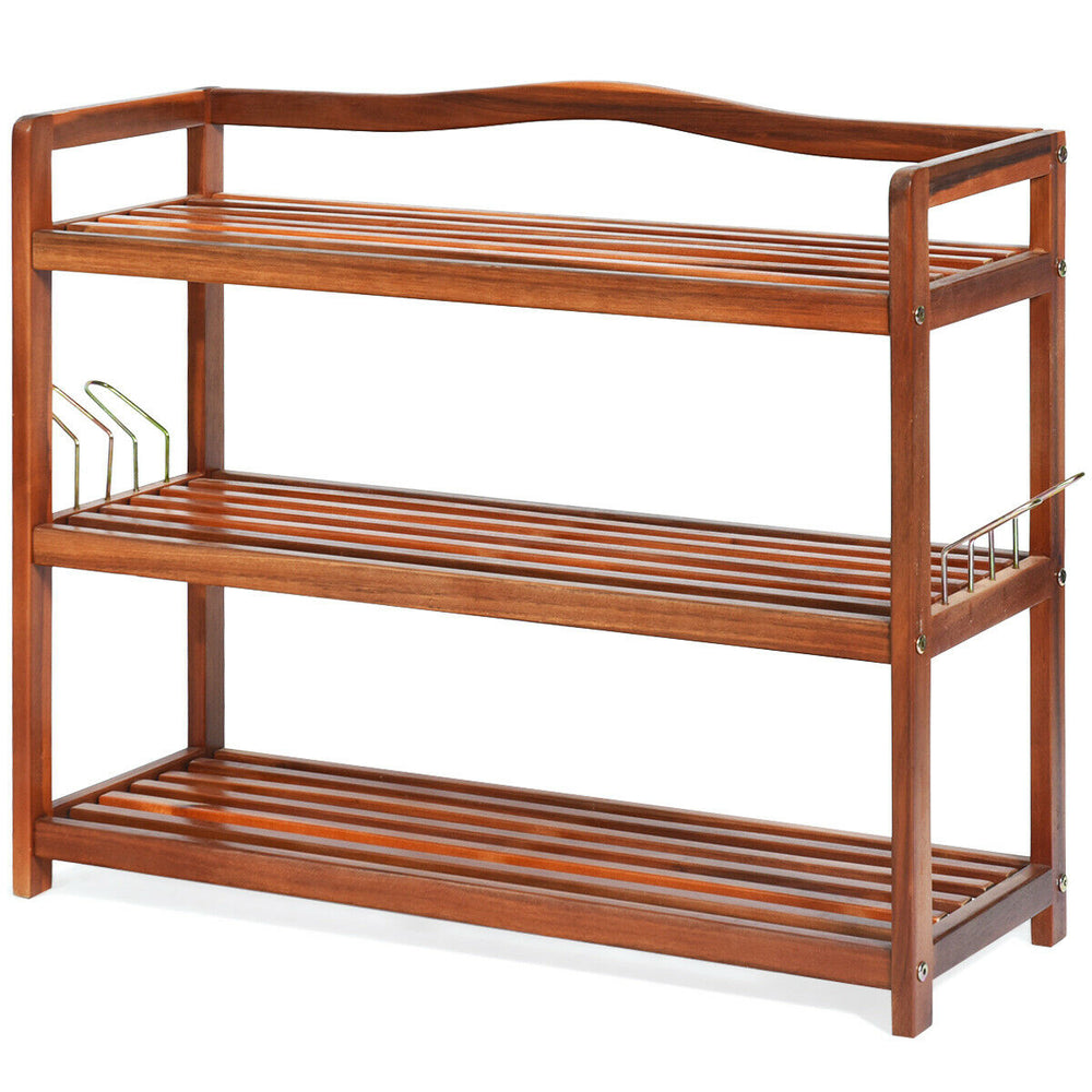 3-tier acacia wood shoe rack with removable shelves and side metal hooks for convenient shoe storage in any room.