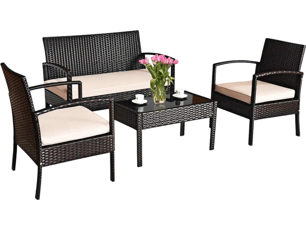 4 Pieces Patio Rattan Conversation Set with Loveseat Sofas and Coffee Table