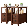Set of 2 brown wooden end tables with 2 drawers and shelf, perfect for bedside or living room storage.