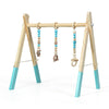 Wooden newborn baby activity gym in blue, featuring hanging teething toys for physical and mental development.