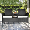 Wicker patio conversation set featuring a durable steel frame, removable cushions, and a tempered glass table for.