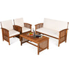 4-piece patio furniture set featuring acacia wood frame and beige cushions, ideal for garden or balcony relaxation.