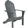 Gray acacia wood Adirondack chair with ergonomic design and wide armrests, ideal for outdoor patio relaxation.