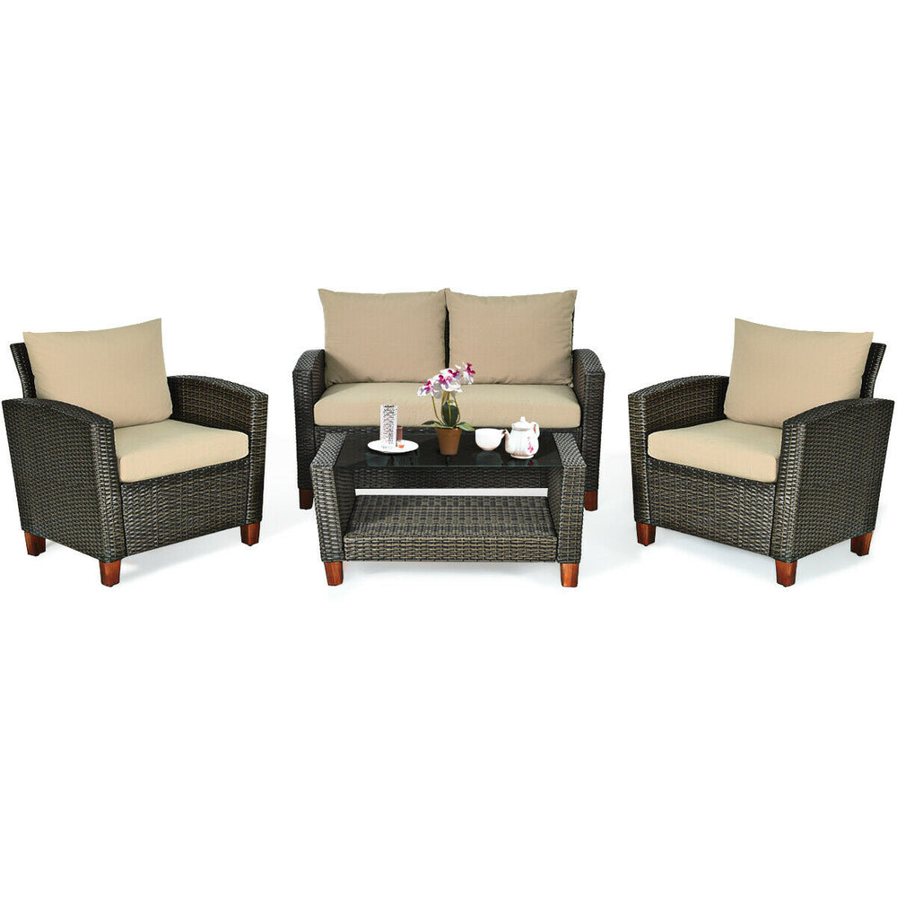 Detail of the wide armrest and comfortable cushion on the patio rattan chair, designed for outdoor relaxation.