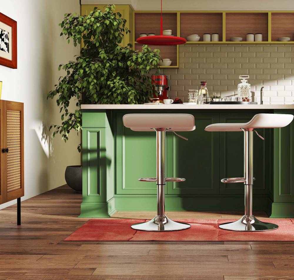 Adjustable bar stools with chrome bases and modern design, perfect for versatile kitchen or dining seating.