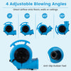 Blue commercial blower fan with 3-speed settings, 2800 CFM airflow, and 4 adjustable angles for versatile drying tasks.