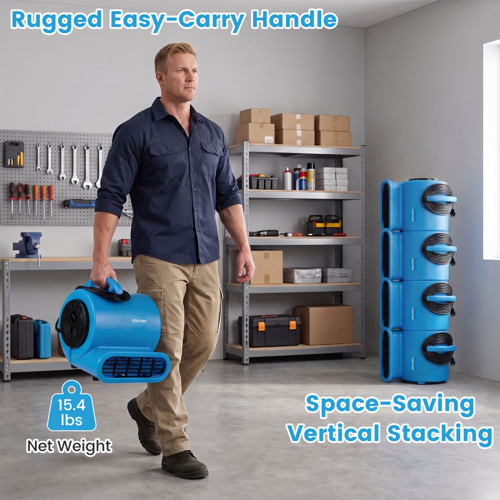 Rugged 3-speed air mover with easy-carry handle, 2800 CFM airflow, and space-saving vertical stacking for efficient drying.