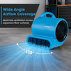 Blue commercial blower fan with 130° wide-angle airflow coverage and 2800 CFM for efficient ventilation in large spaces.