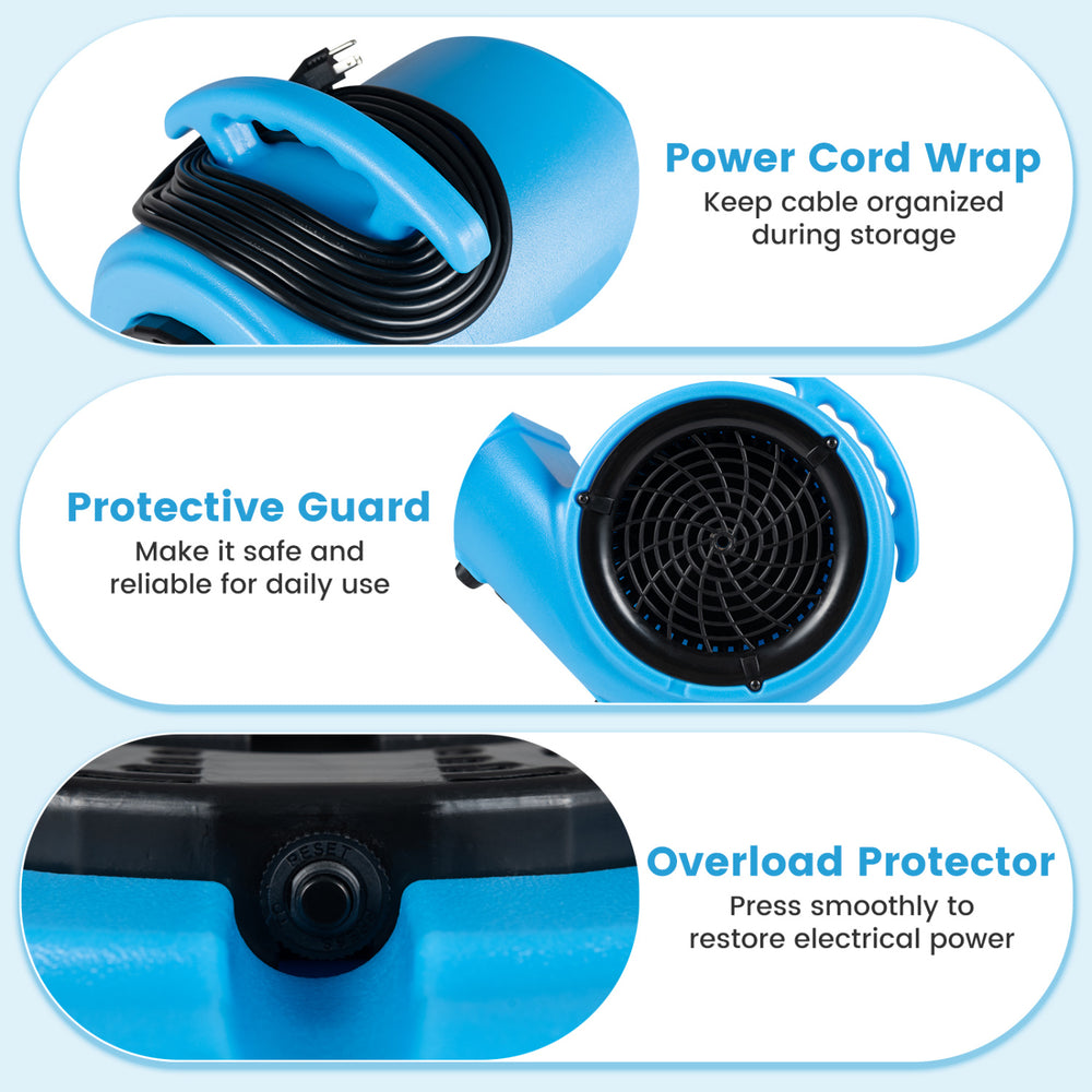 Powerful 3-speed air mover features a protective guard, overload protector, and cord wrap for safe, efficient drying.