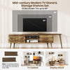 Mid-century modern TV stand in walnut with open compartments and wall-mounted shelves, fits TVs up to 85 inches.